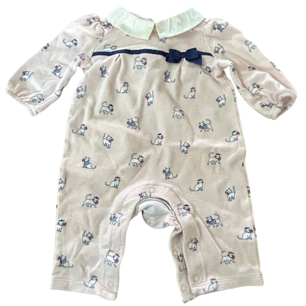 Baby Girl Pink Cat Print Romper Peter Pan Collar Navy Bow Long Sleeve Snaps